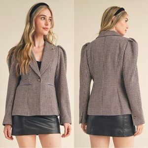 &merci Women’s Sloan Houndstooth Blazer Puff Sleeve Classic in Brown Size L